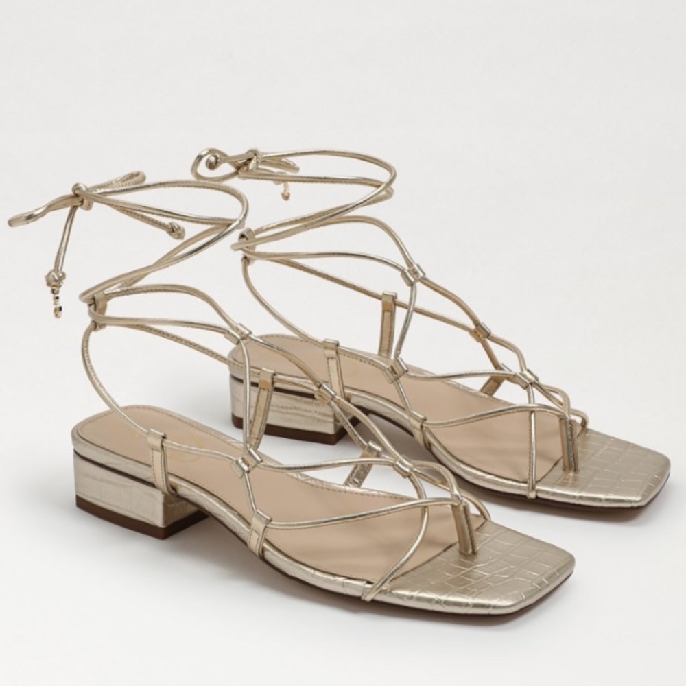 Sam Edelman Daffy Tie Up Metallic Gold Leaf Square Toe Sandal Size 7.5